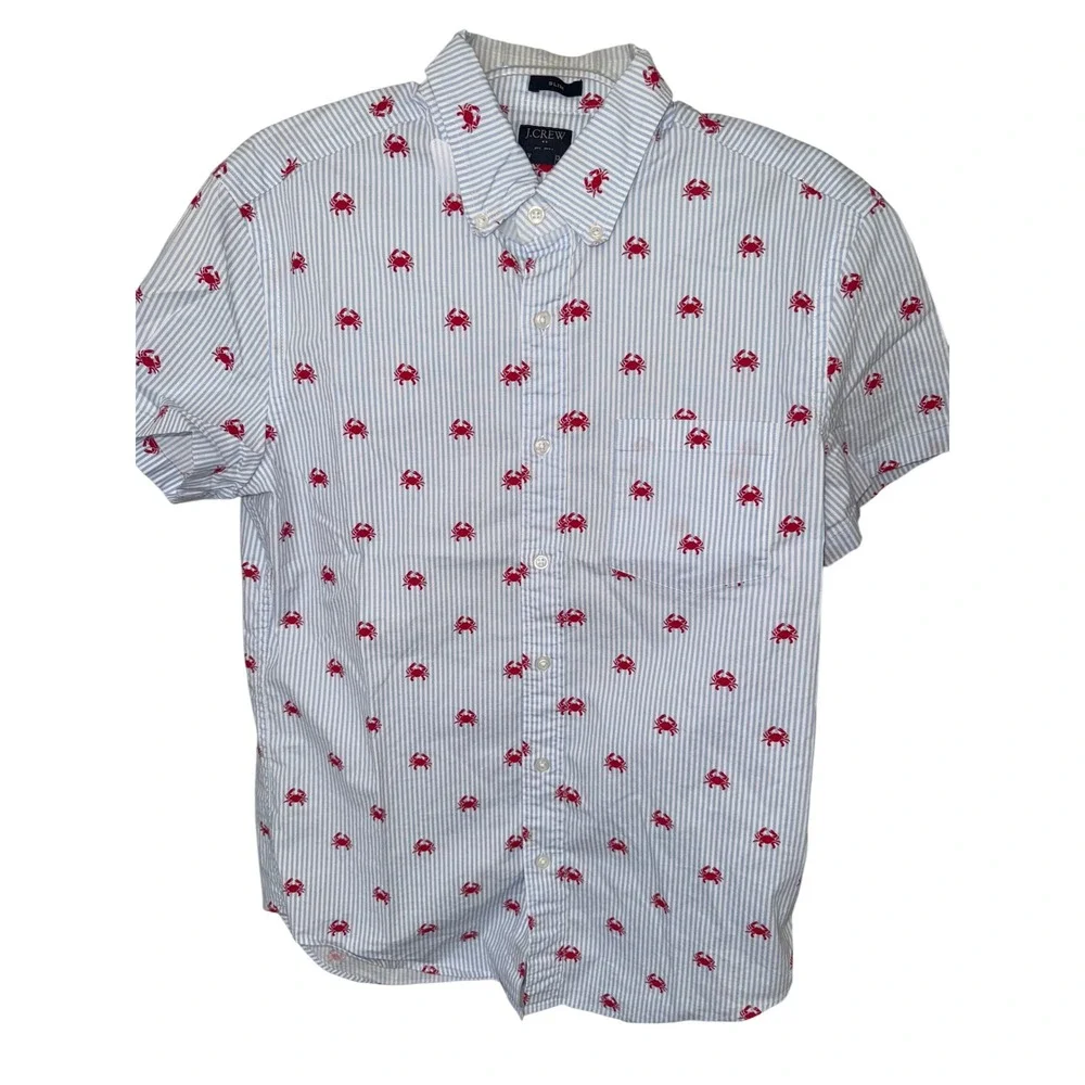 J.Crew Short-sleeve slim crab-on-stripe flex washed shirt size SM striped cotton